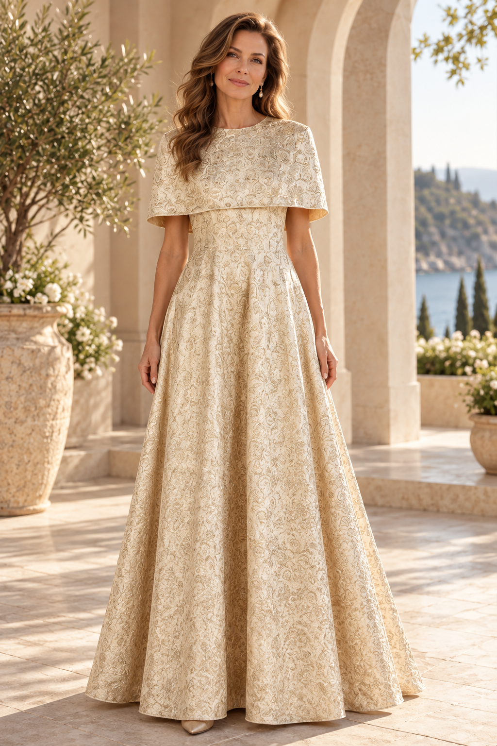 Jacquard A-Line Evening Gown with Capelet