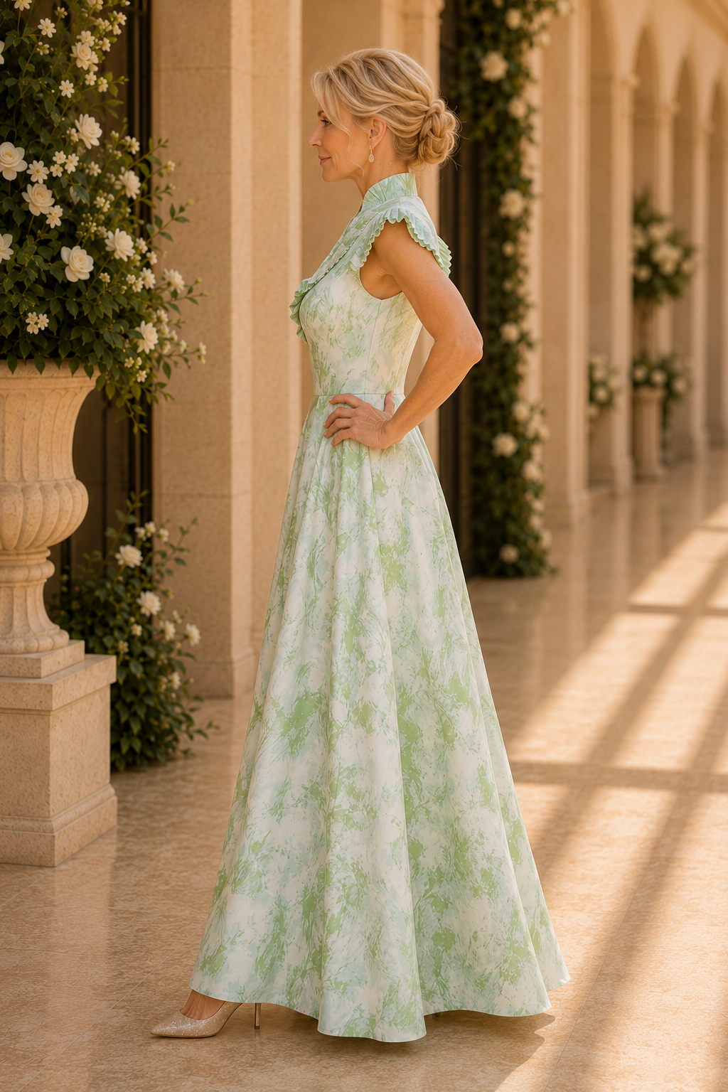 Plissierter Kragen A-Linien Maxikleid mit Flügelärmeln