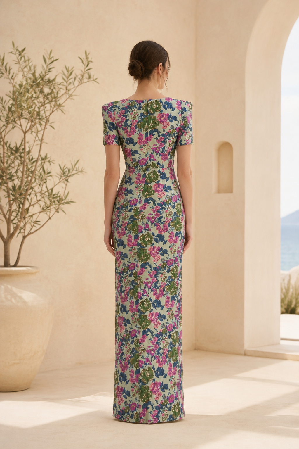 Florales Jacquard-Maxikleid mit Puffärmeln und hohem Schlitz