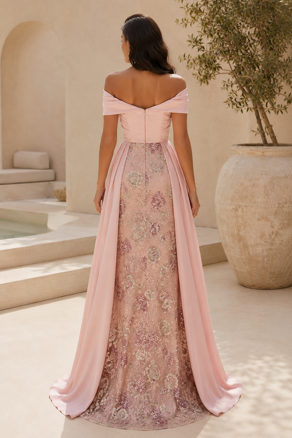 Schulterfreies Blumen-Pailletten-Meerjungfrauenkleid mit Überrock