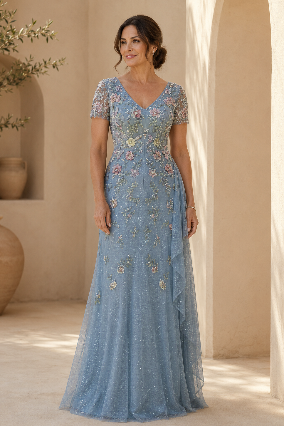 Besticktes A-Linien Abendkleid mit 3D-Blumen