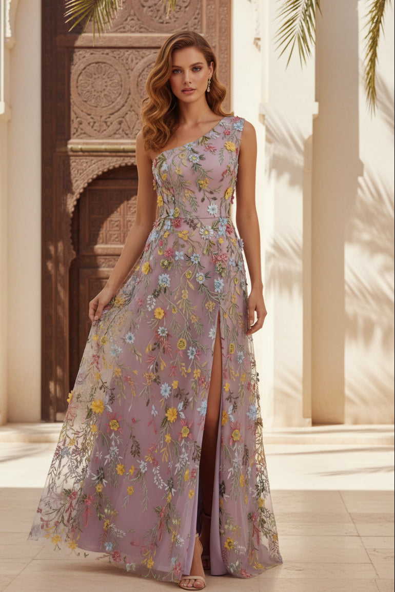 Blütenbesticktes One-Shoulder Abendkleid