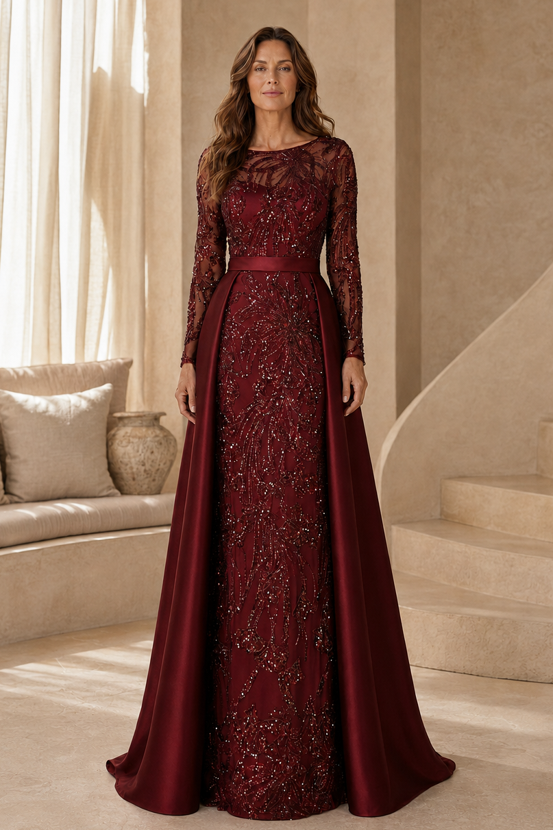 Perlenbesetztes langärmliges Kleid mit Satin-Überrock