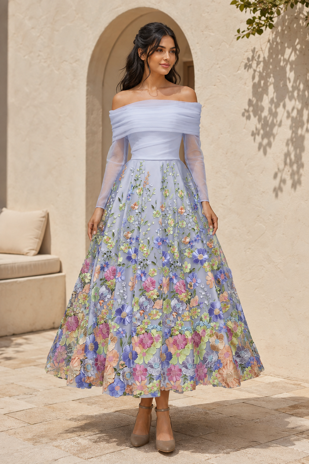 Carmen-Minikleid mit 3D-Blumen und langen Ärmeln