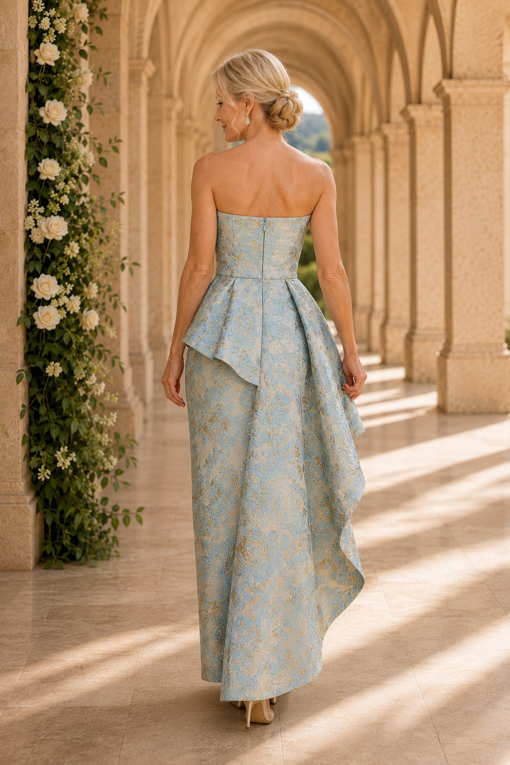 Trägerloses Jacquard-Säulenkleid mit Stufenschößchen