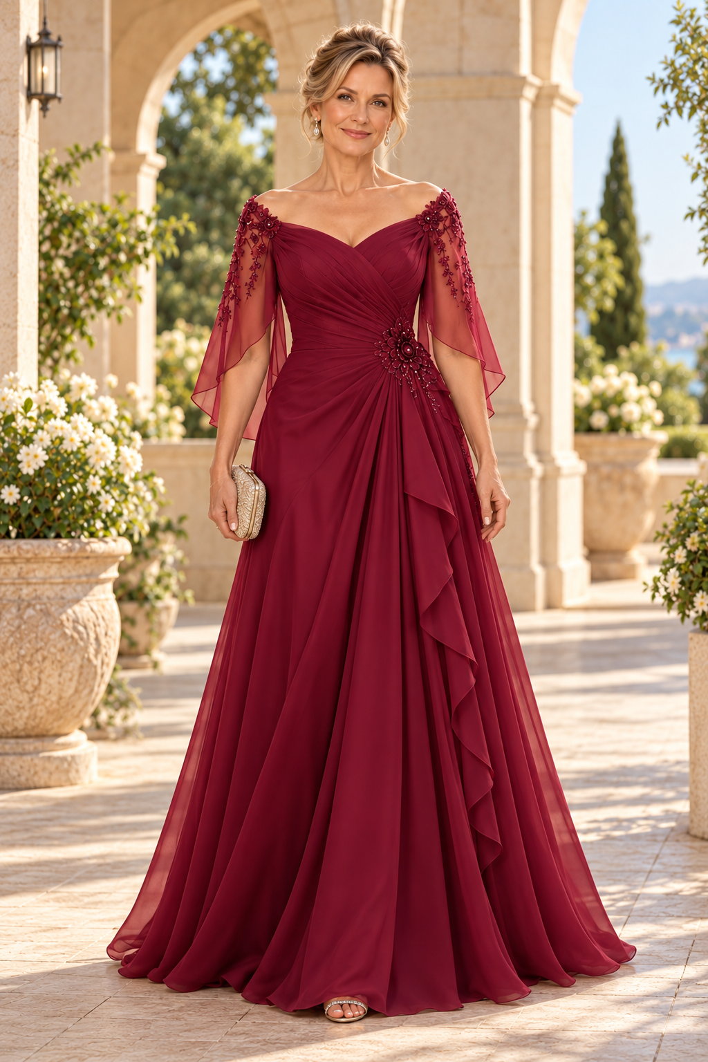 Pleated Chiffon Gown with Flutter Sleeves