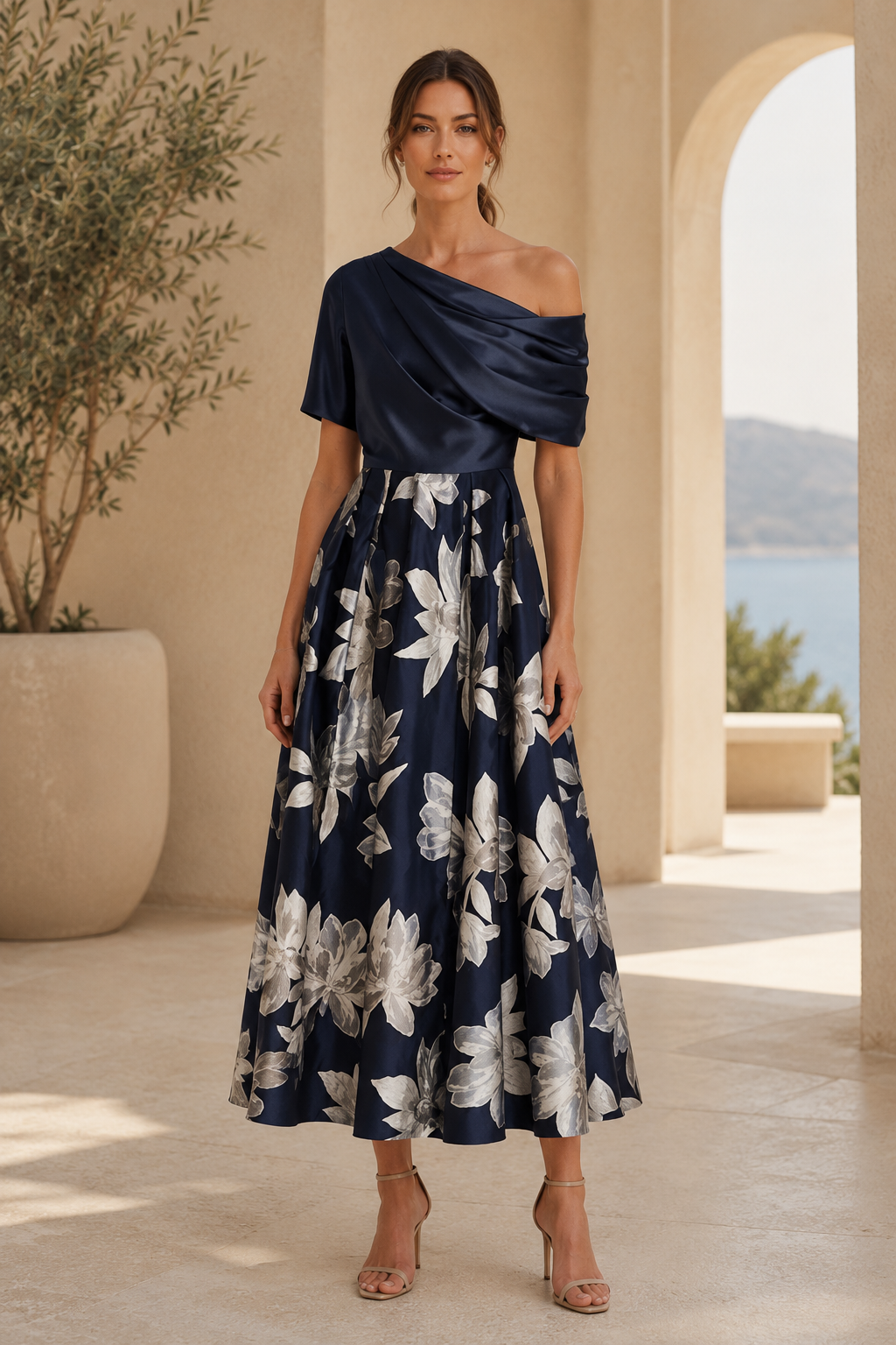 Blumen-Jacquard-Midikleid mit One-Shoulder-Träger