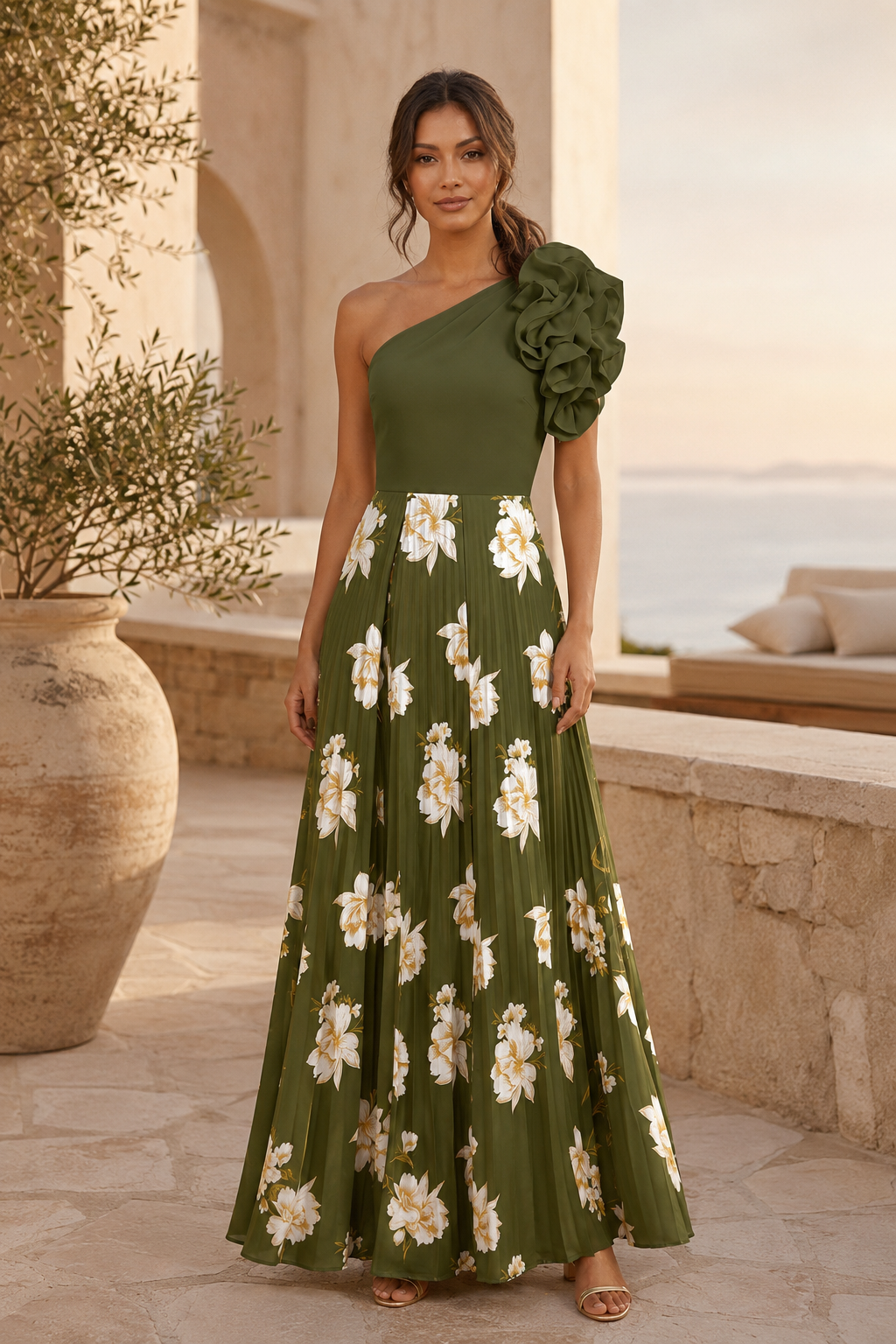 One Shoulder Rüschen Blumenmuster Plissiertes Maxikleid