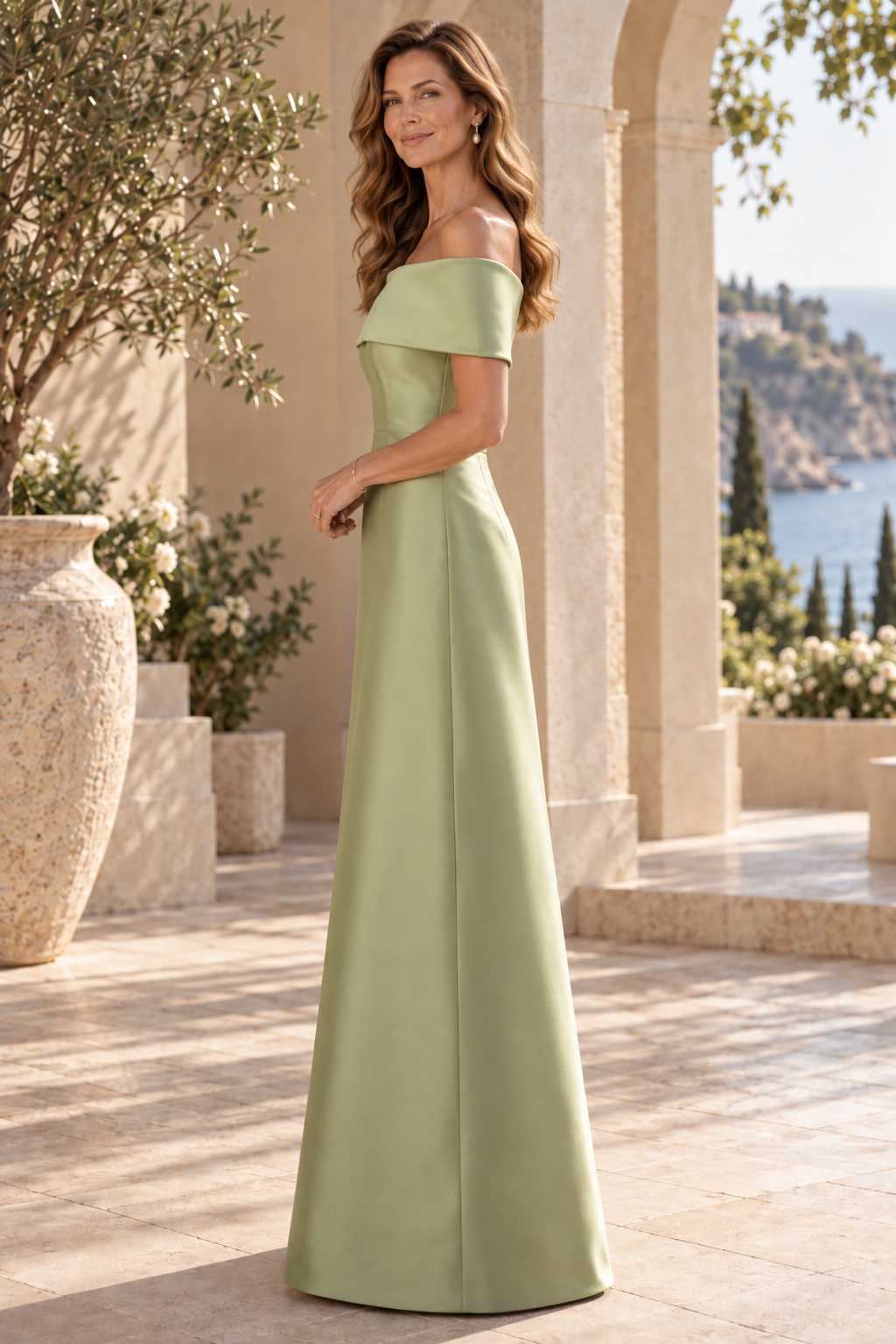 Foldover Off-the-Shoulder A-Line Satin Gown