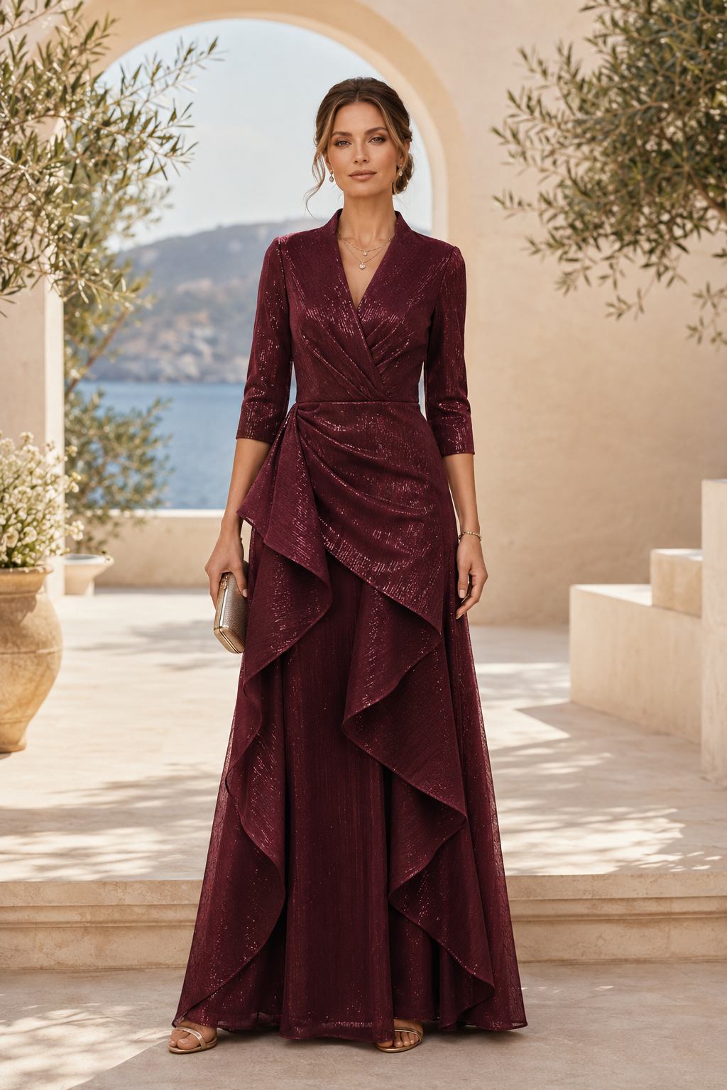 A-Linien-Kleid mit 3/4-Ärmeln und seitlicher Kaskadenrüsche