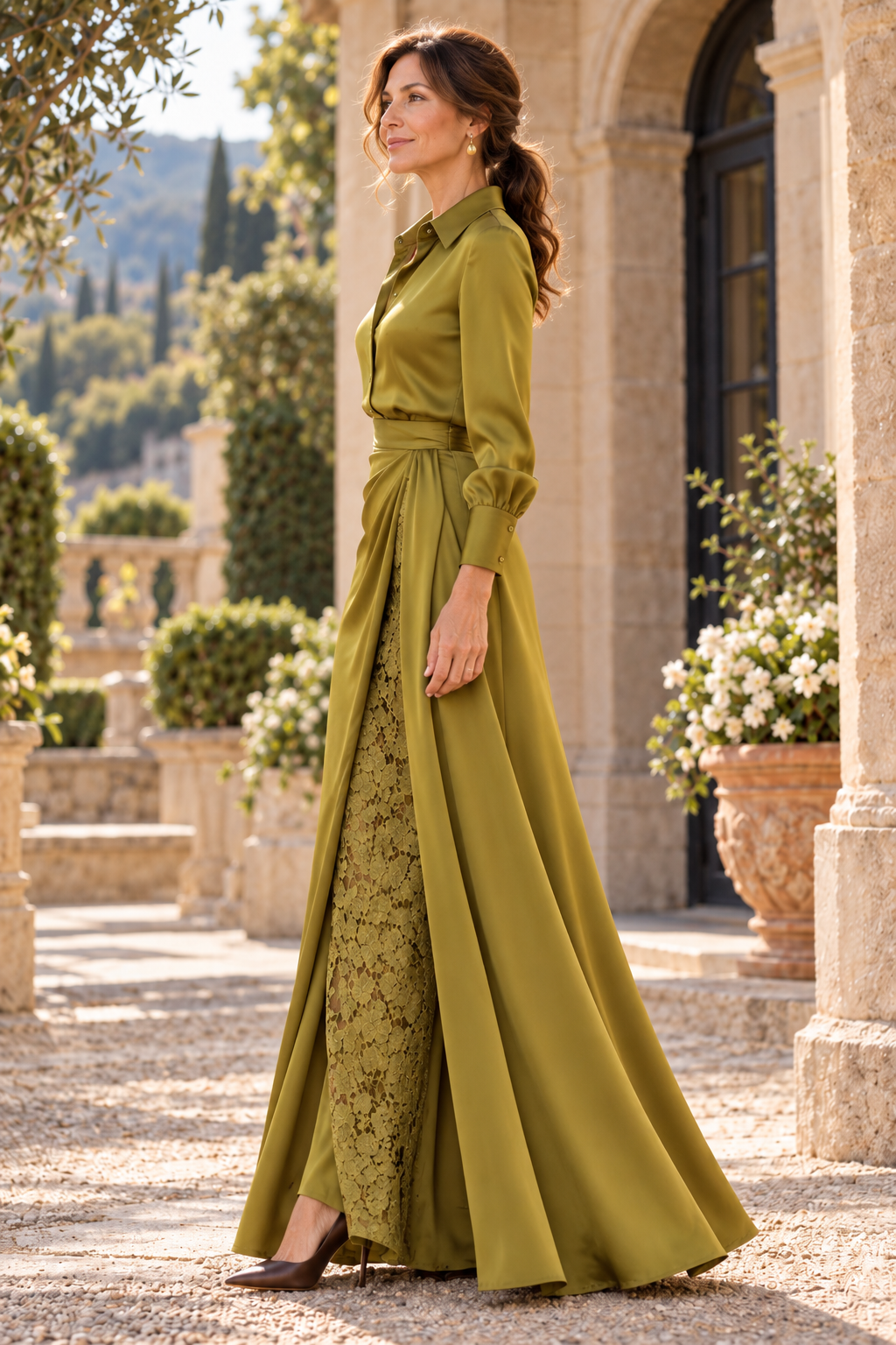 Collared Satin Evening Gown with Lace Underlay