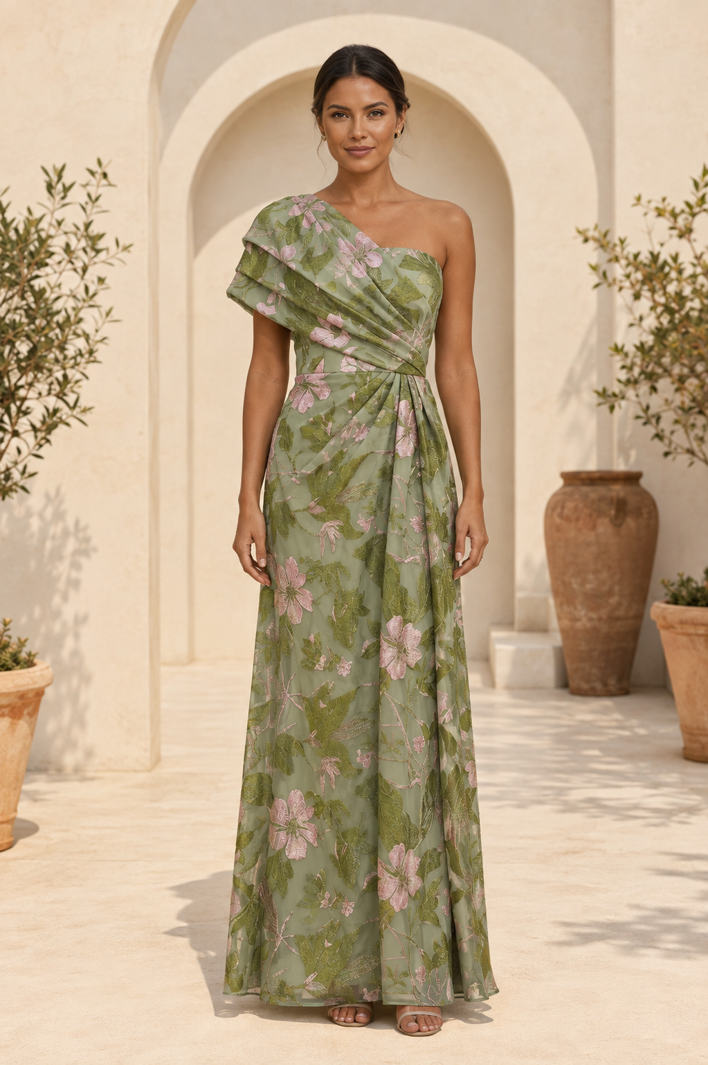 Blumenbedrucktes One-Shoulder-Kleid mit plissierter Drapierung