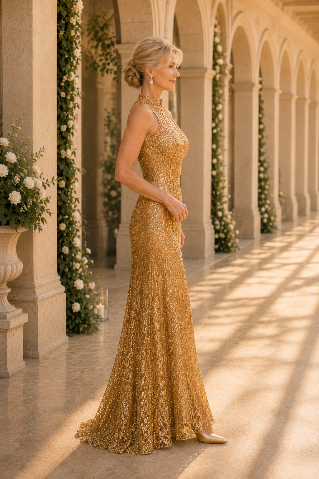 Abendkleid mit hohem Ausschnitt und Paillettenbesatz
