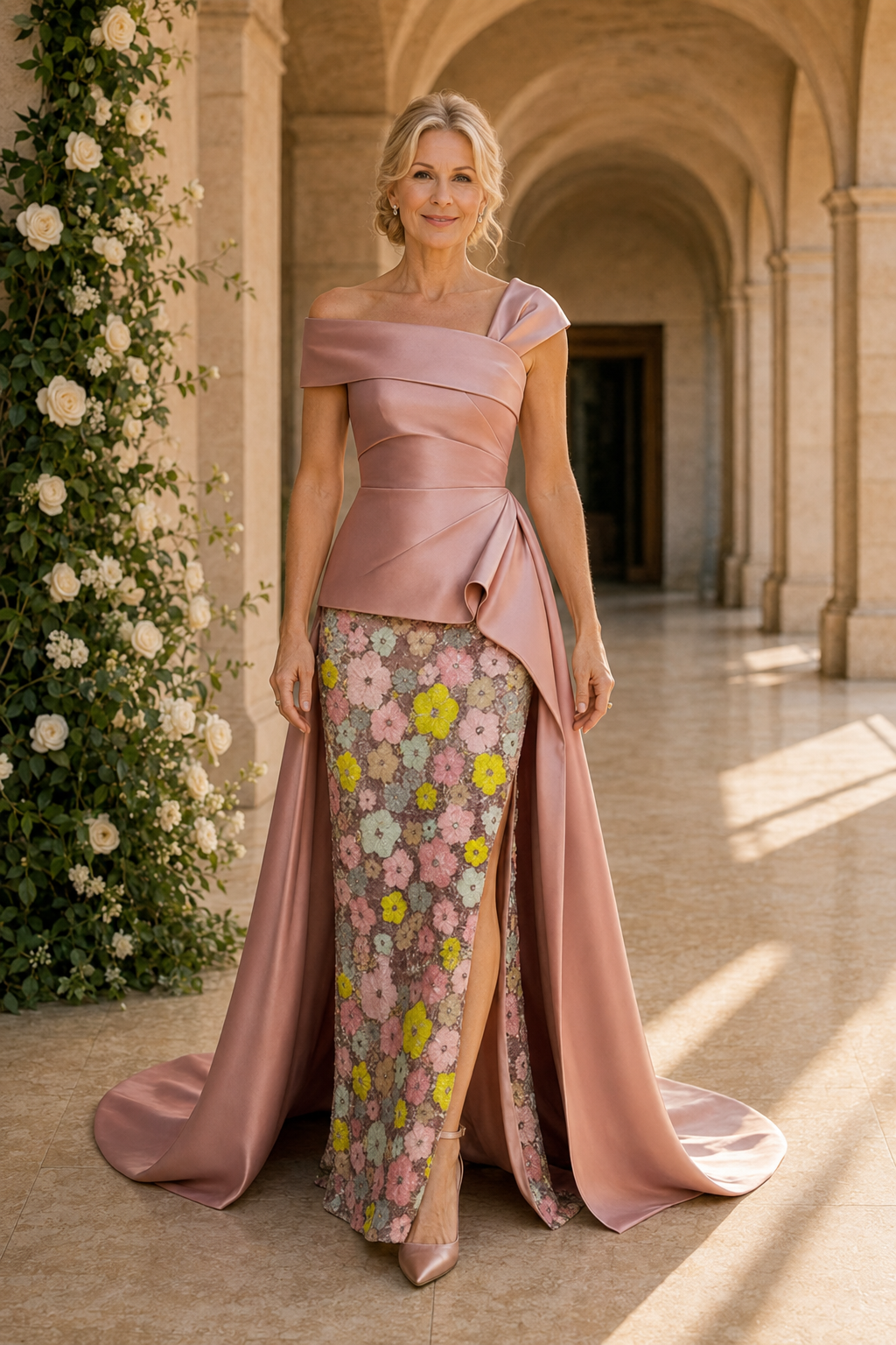 Asymmetrisches Satinabendkleid mit Blumenrock