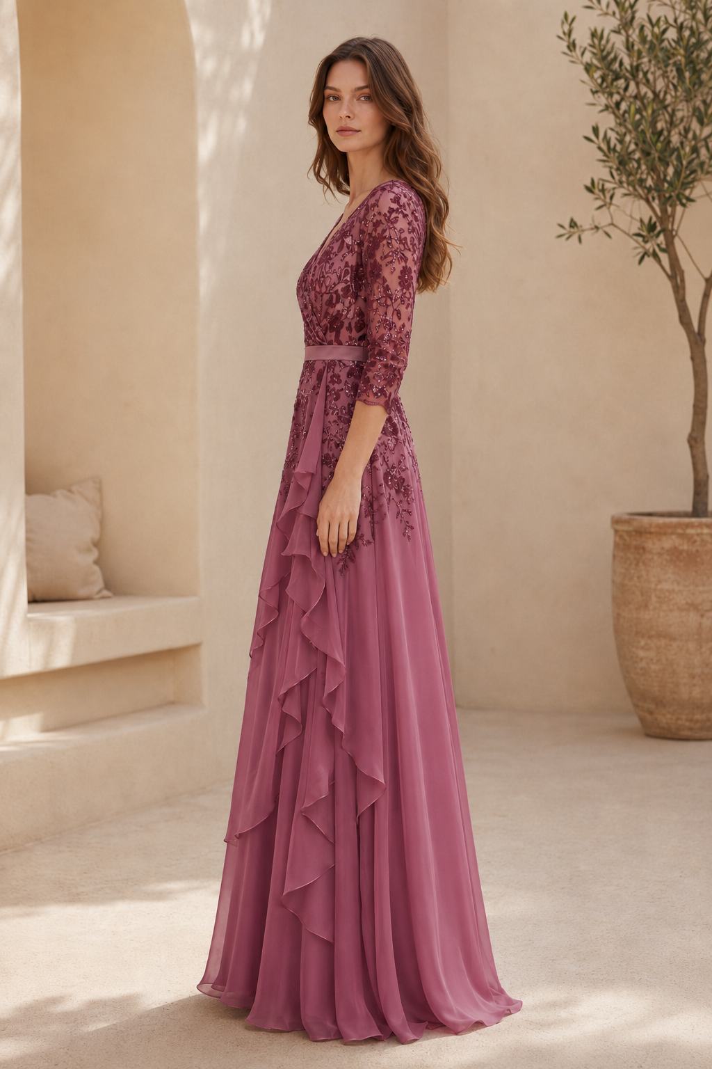 Abendkleid aus Chiffon mit Pailletten-Oberteil