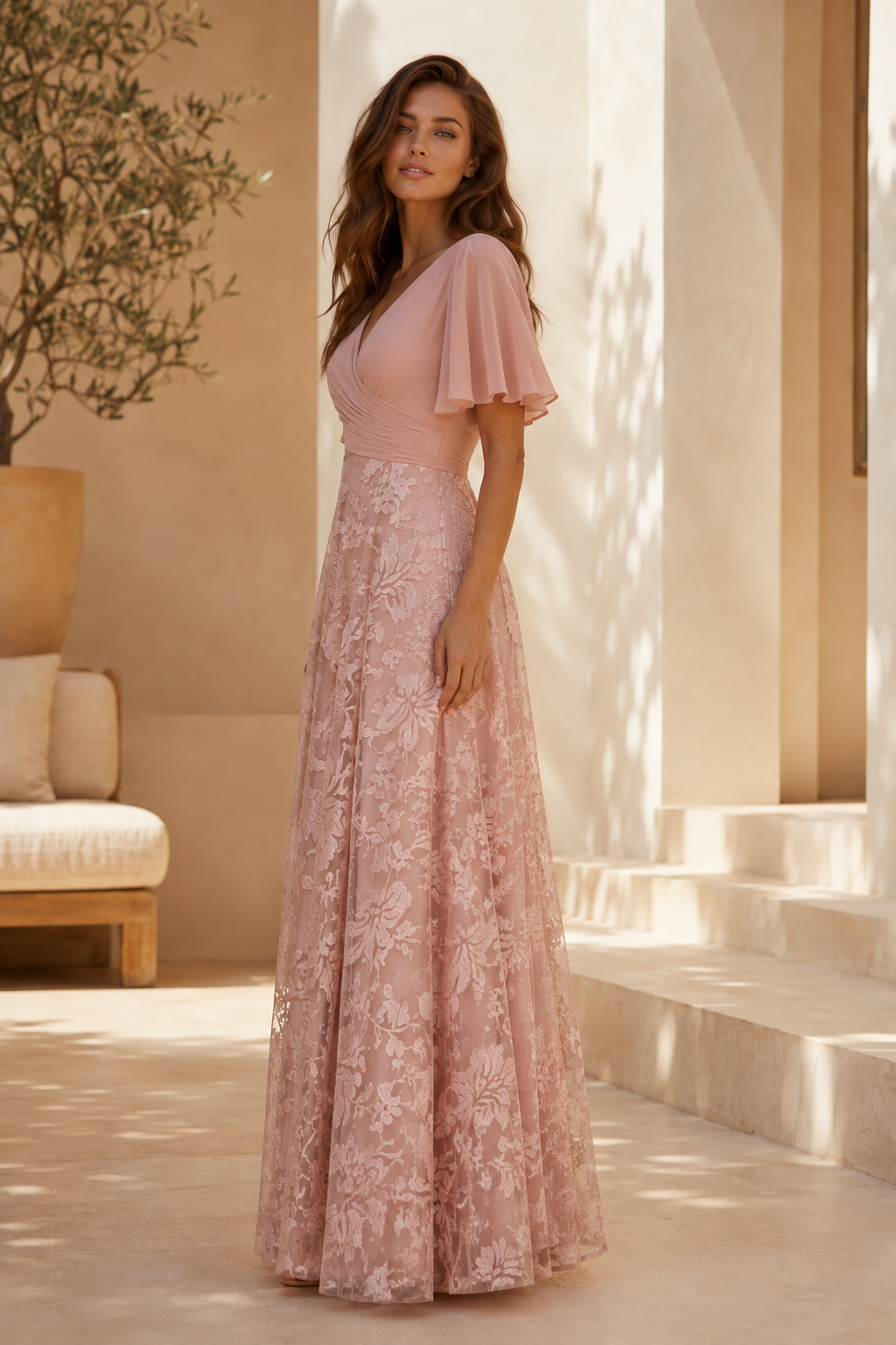 Maxikleid aus Spitze mit Volantärmeln und plissiertem Oberteil
