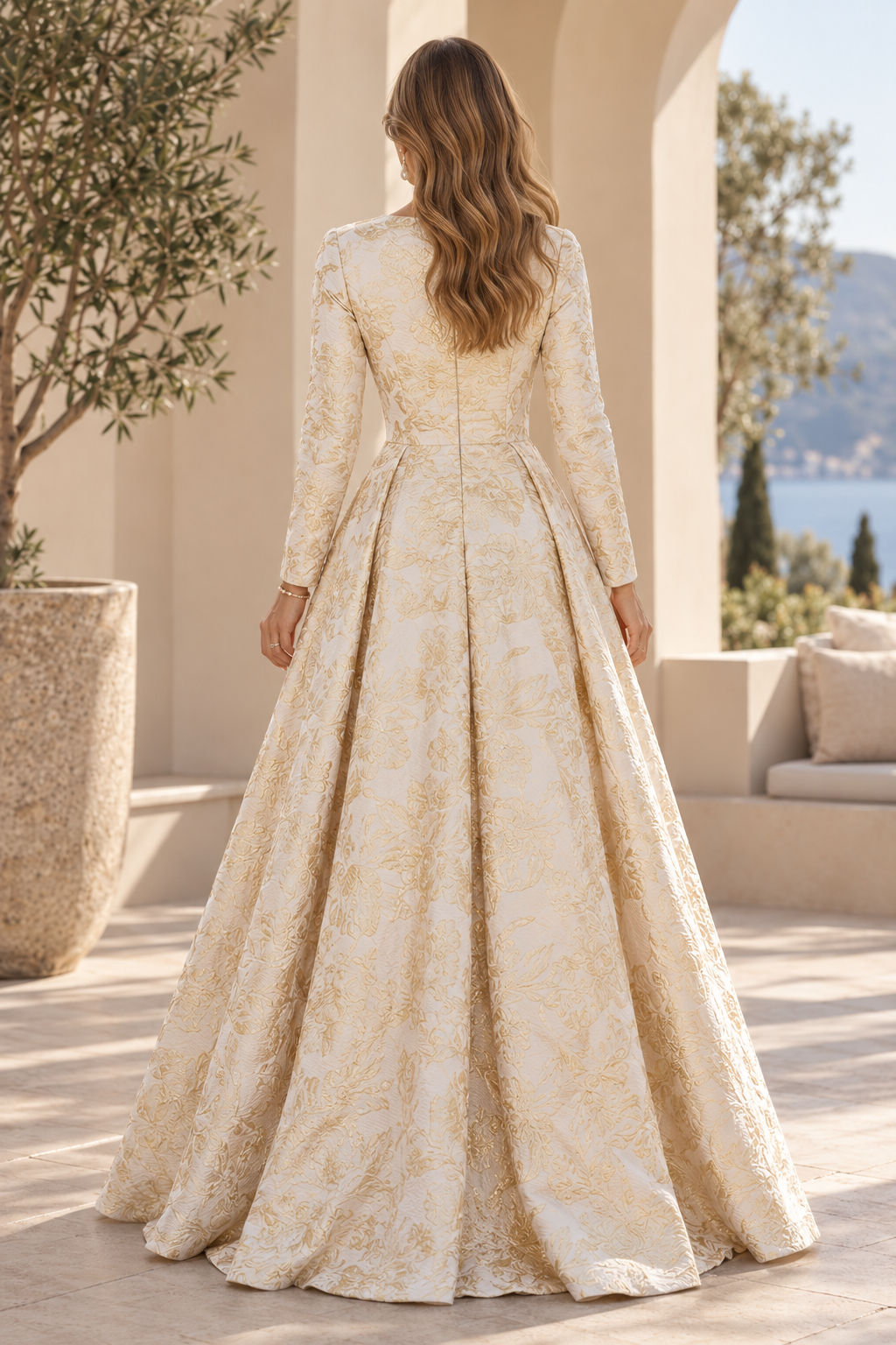 Long Sleeve Jacquard Ball Gown with Slit and Pockets
