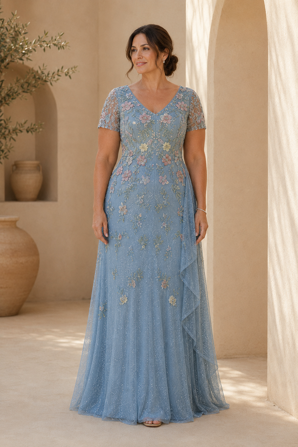 Besticktes A-Linien Abendkleid mit 3D-Blumen