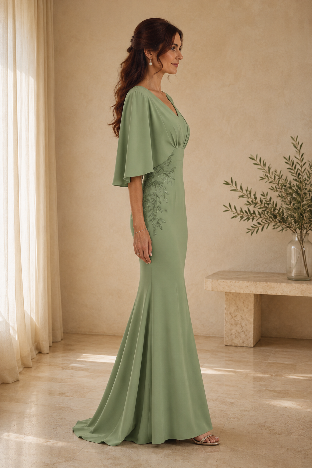 Meerjungfrau-Abendkleid mit Flatterärmeln und Rankenstickerei