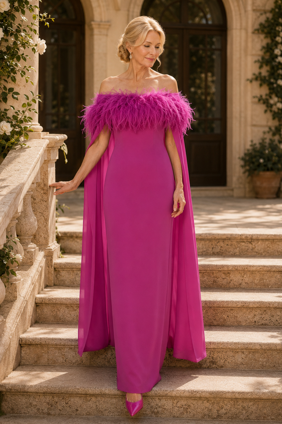 Feder-Off-Shoulder-Säulenkleid mit Umhang