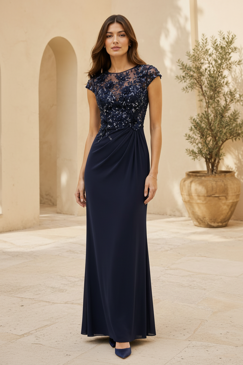 Abendkleid mit Illusion-Spitze, kurzen Ärmeln und Pailletten