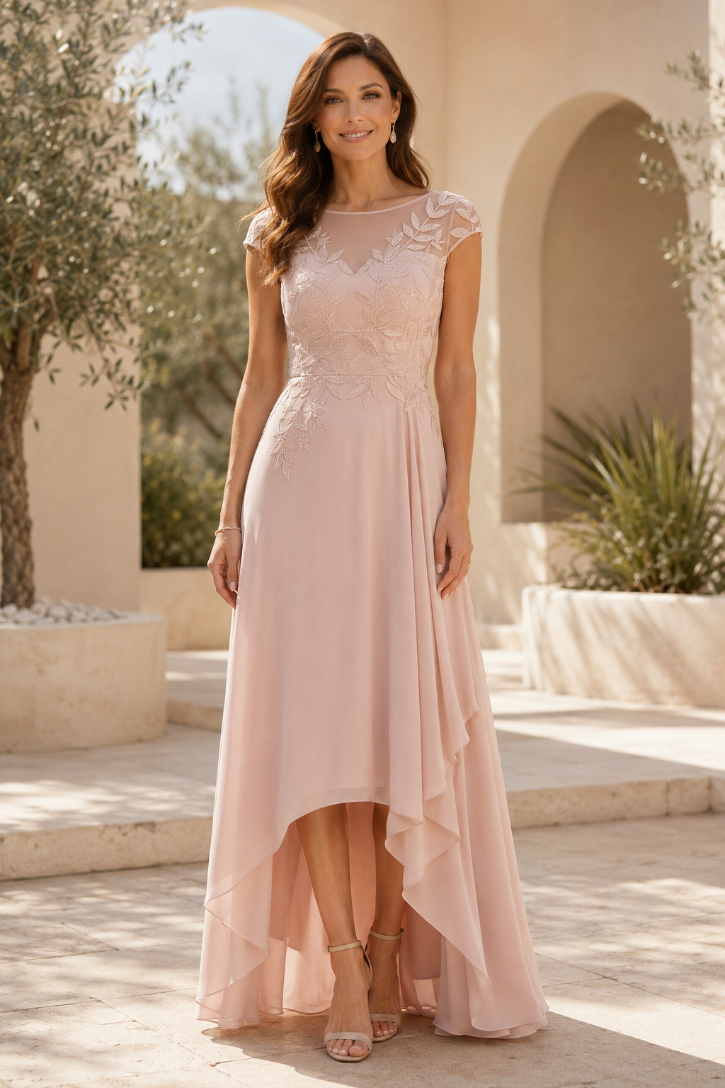 High-Low Chiffon-Abendkleid mit Illusion-Spitzenoberteil