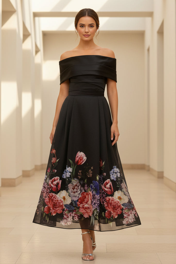 Carmen-Ausschnitt, Blumenmuster, A-Linie, Teelanges Kleid