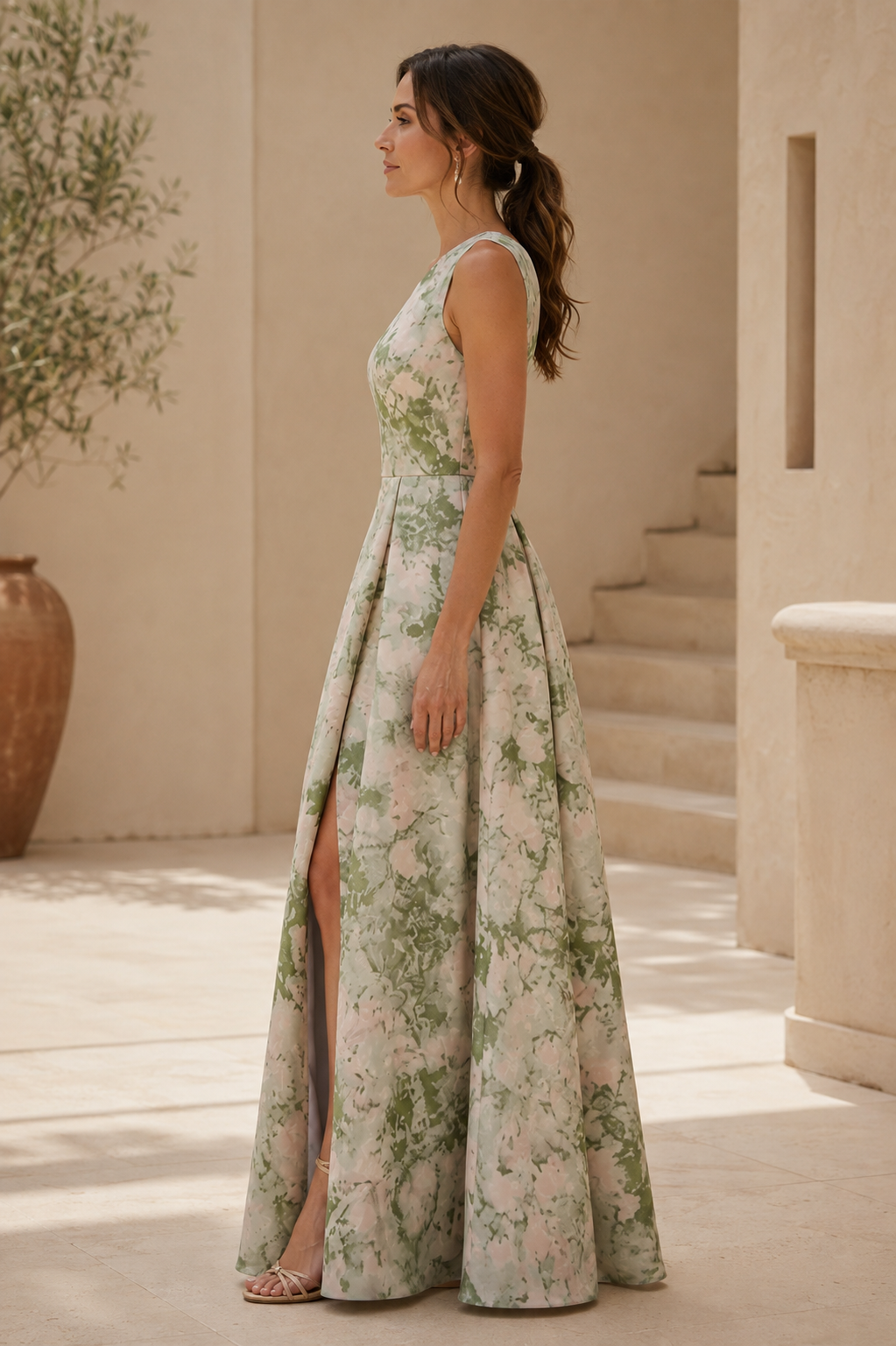 Blumenbedrucktes One-Shoulder-Kleid mit hohem Schlitz