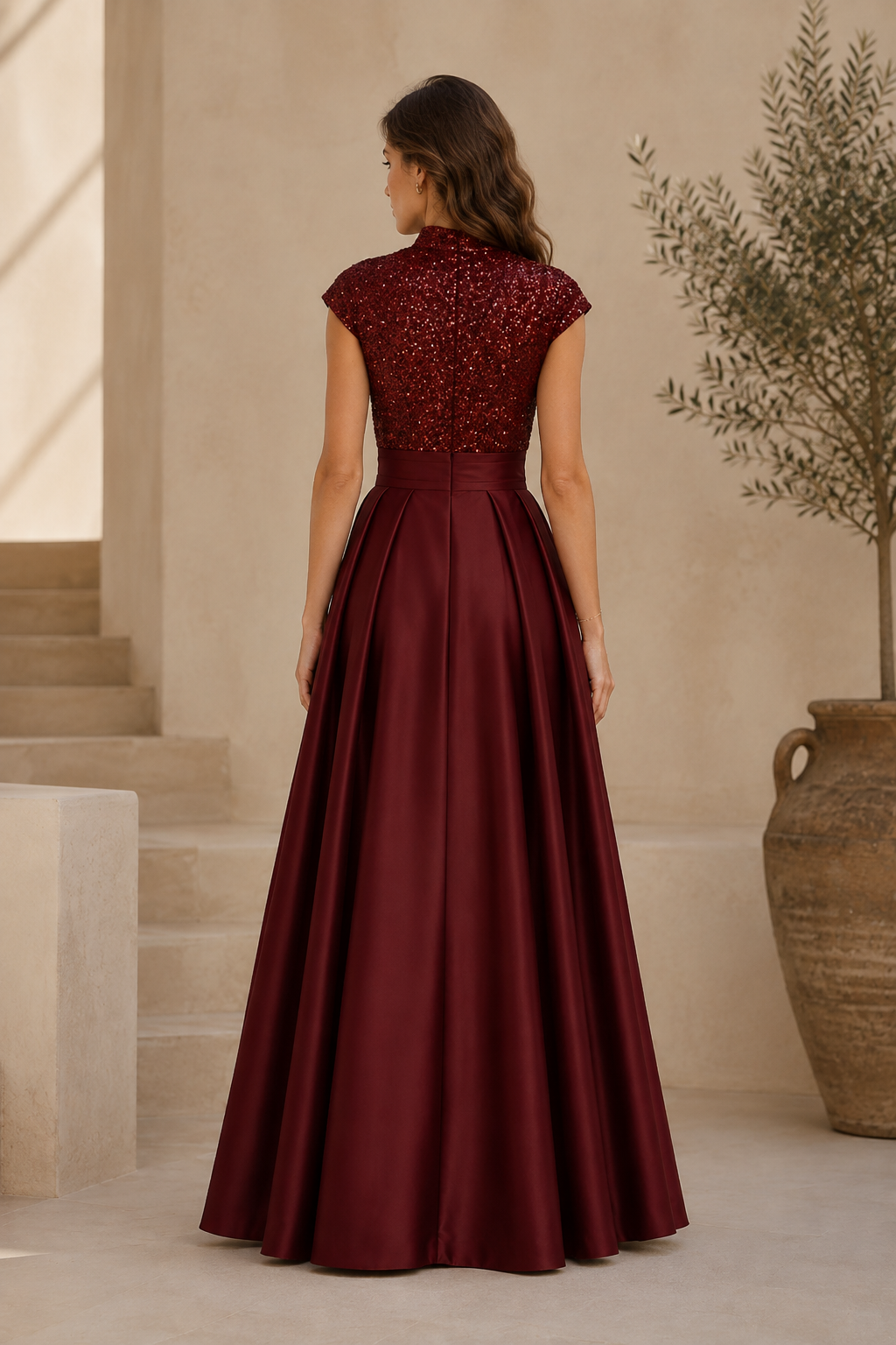 Glitzer-Oberteil, plissiertes A-Linien-Kleid aus Satin