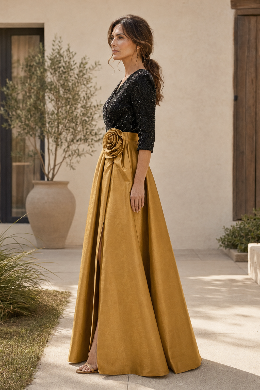Pailletten-A-Linien-Kleid mit 3/4-Ärmeln und Rosette