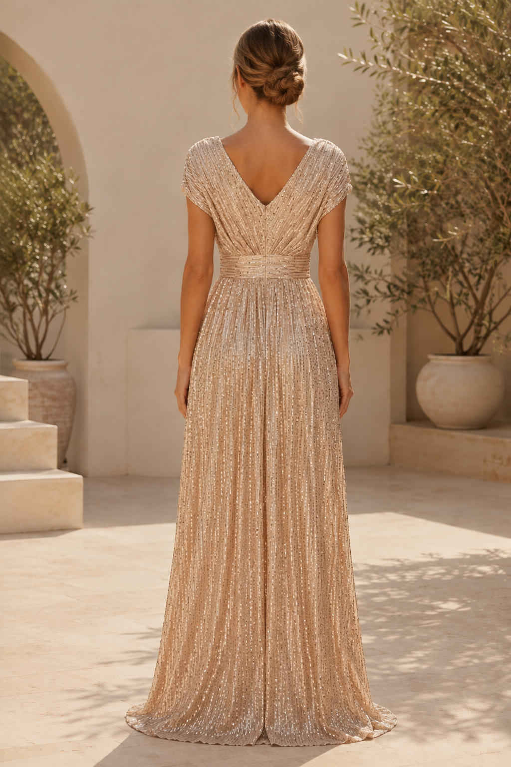 Pailletten-A-Linien-Kleid mit V-Ausschnitt und kurzen Ärmeln