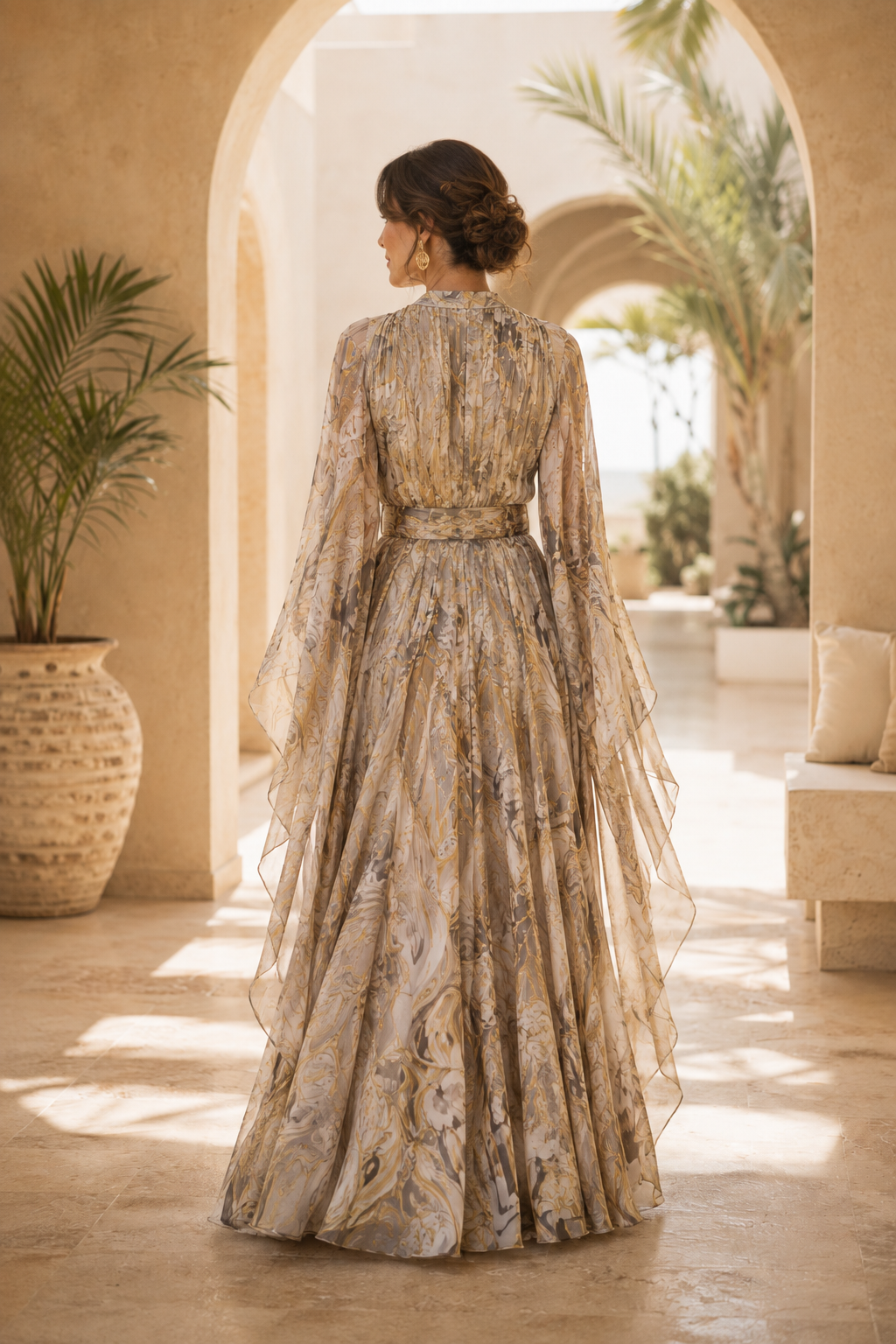 Bedrucktes Maxikleid mit Cape-Ärmeln und Gürtel