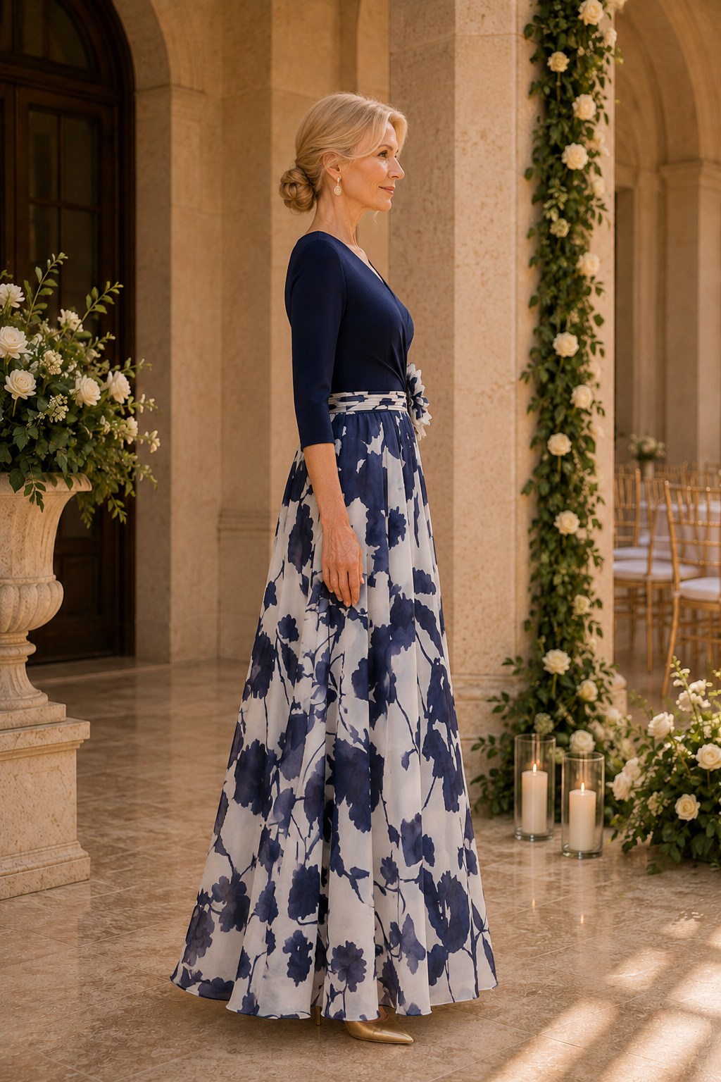 Geblümtes A-Linien-Kleid mit 3/4 Ärmeln