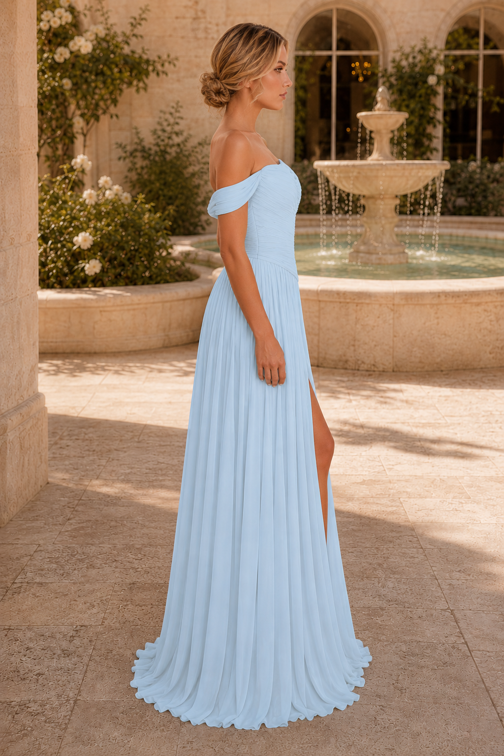 Ein-Schulter-Kleid aus plissiertem Chiffon mit hohem Schlitz