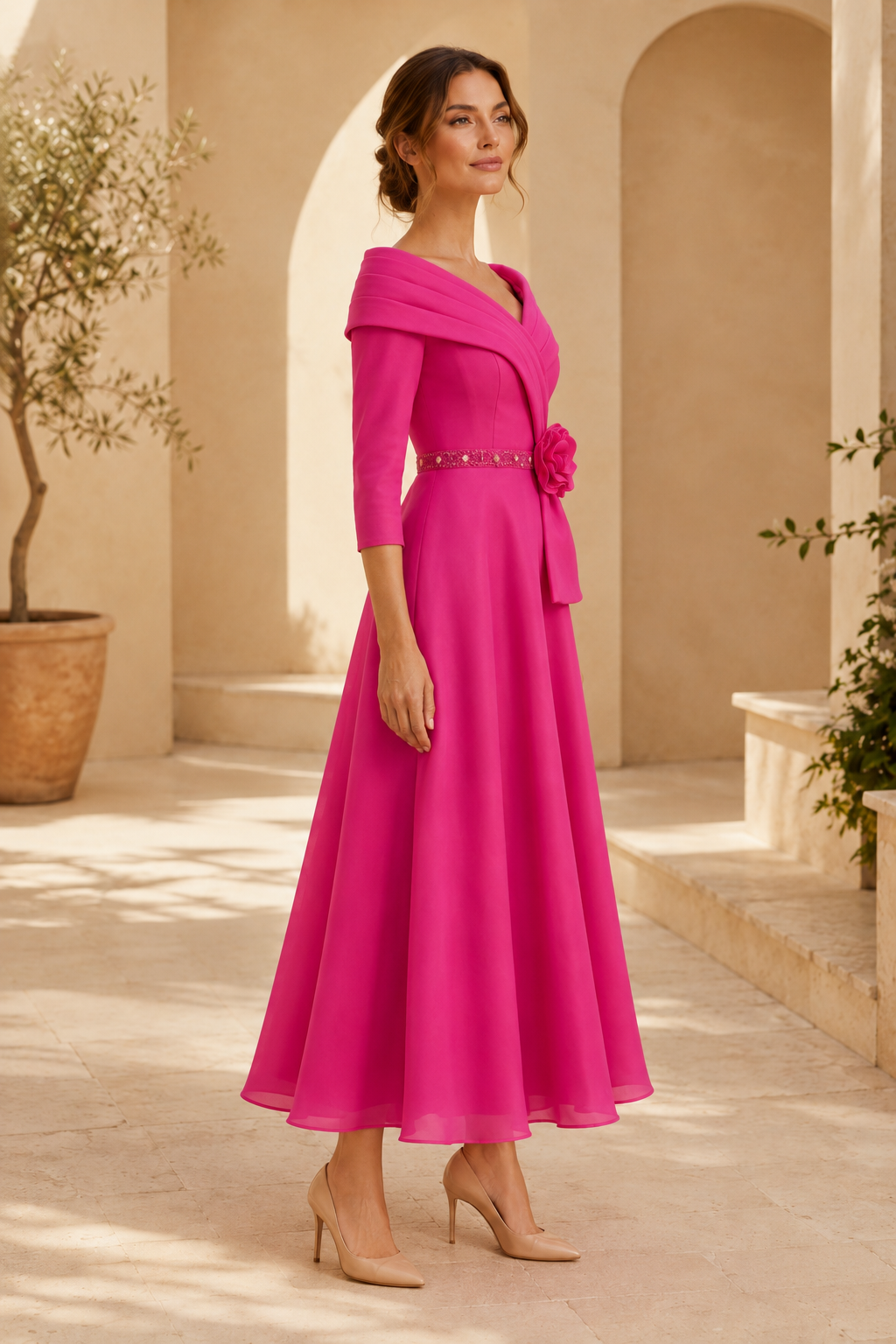 Porträtausschnitt A-Linien-Kleid mit Rosette