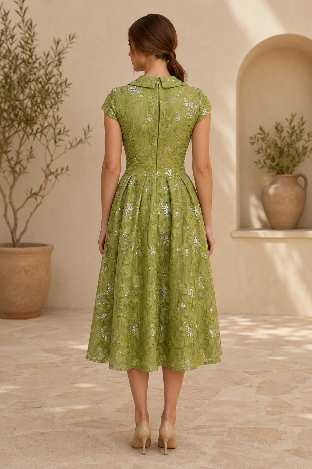 Florales Pailletten-Spitzen Wickel-Midikleid mit Kragen und V-Ausschnitt