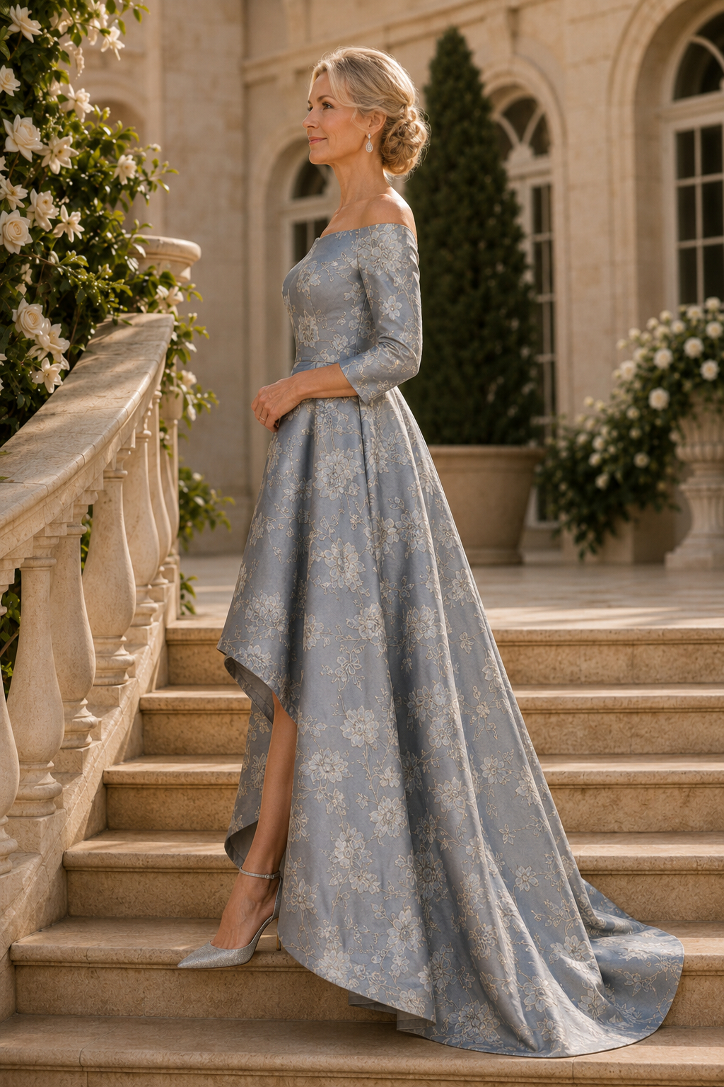 Florales Jacquard-Abendkleid mit 3/4-Ärmeln und High-Low-Saum