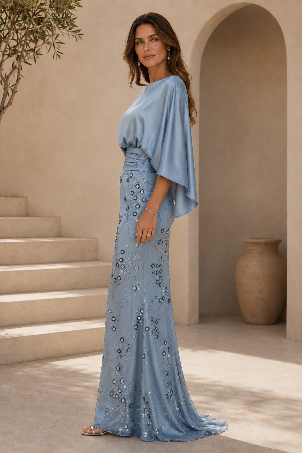 Fledermausärmel Pailletten bodenlanges Kleid