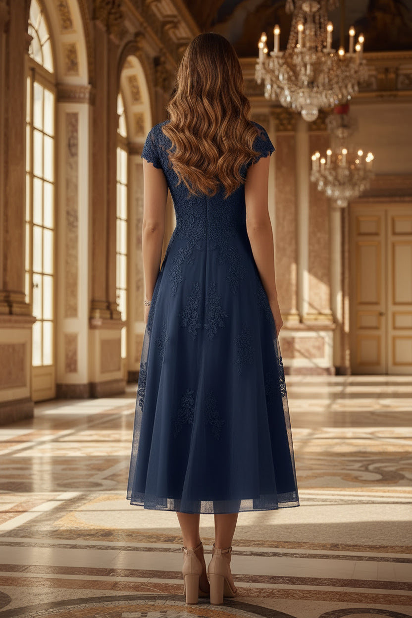 Tee-langes A-Linien-Kleid mit Illusionsausschnitt und Spitze