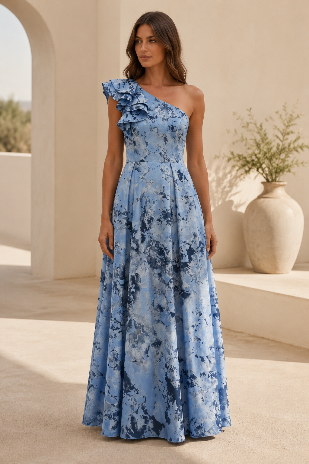 Ein-Schulter-Maxikleid mit Rüschen und Falten in A-Linie