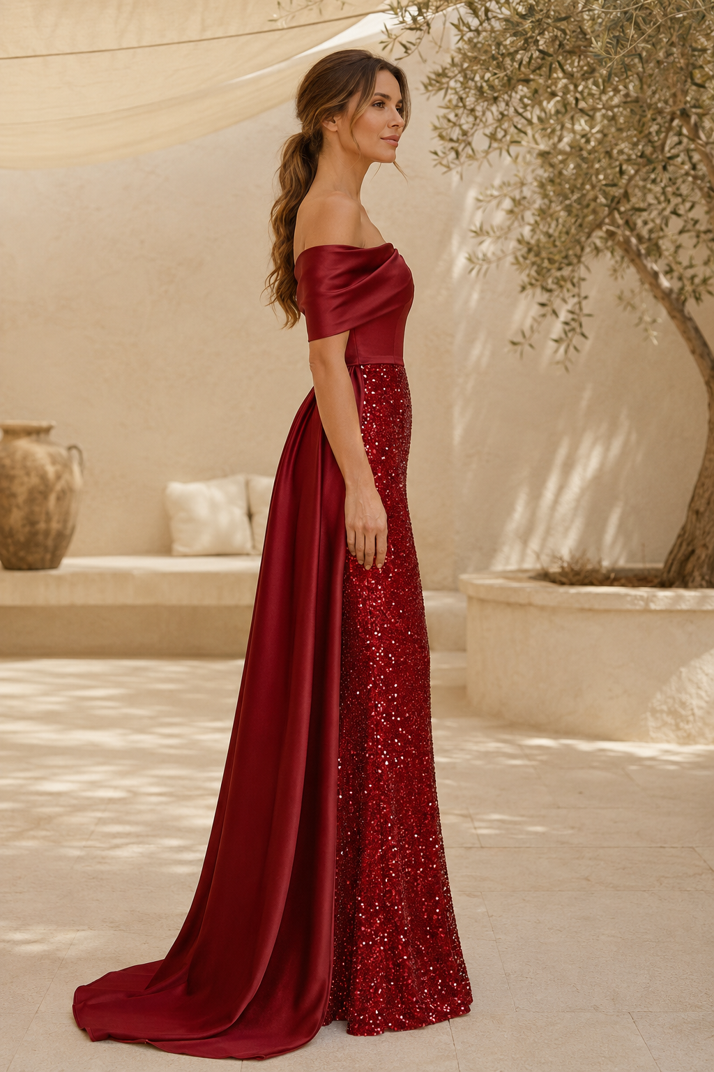 Ein schulterfreies Paillettenkleid mit seitlichem Satindrapee