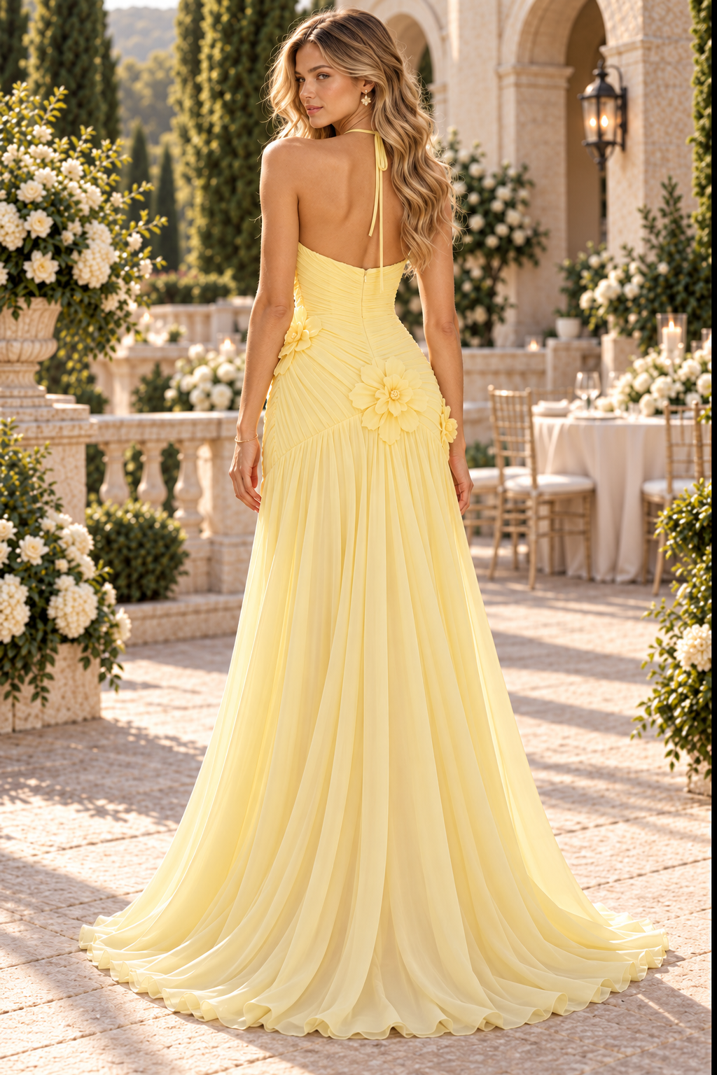 Halter Floral Applique Ruched Evening Gown