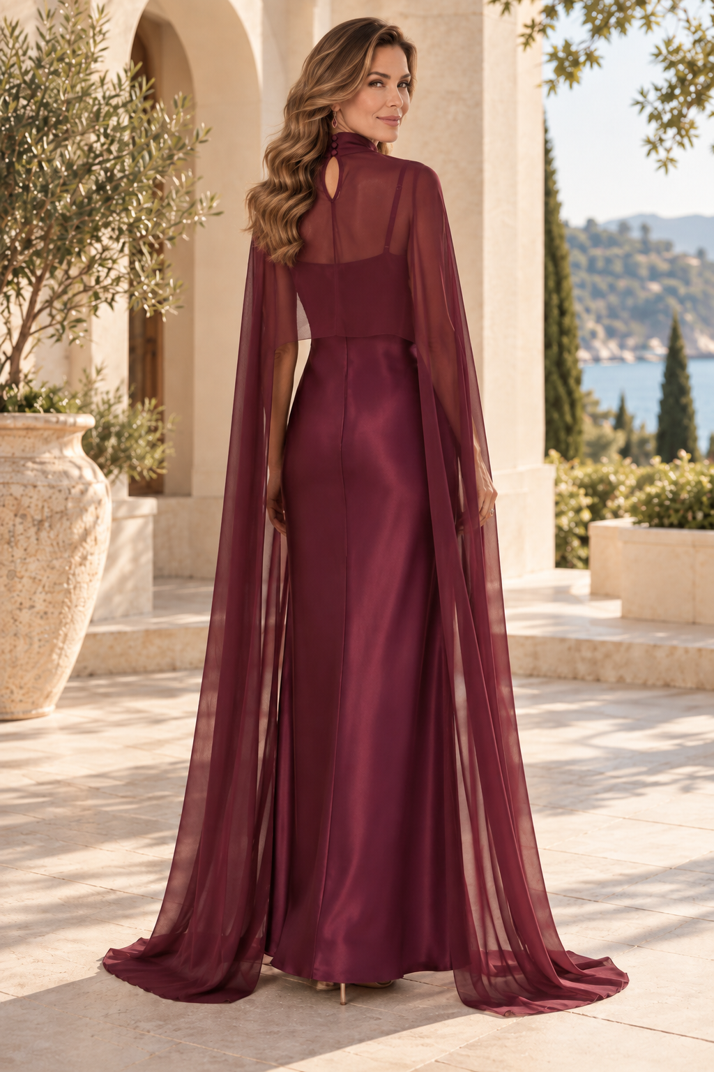 Satin Slip Gown with Sheer Cape Overlay