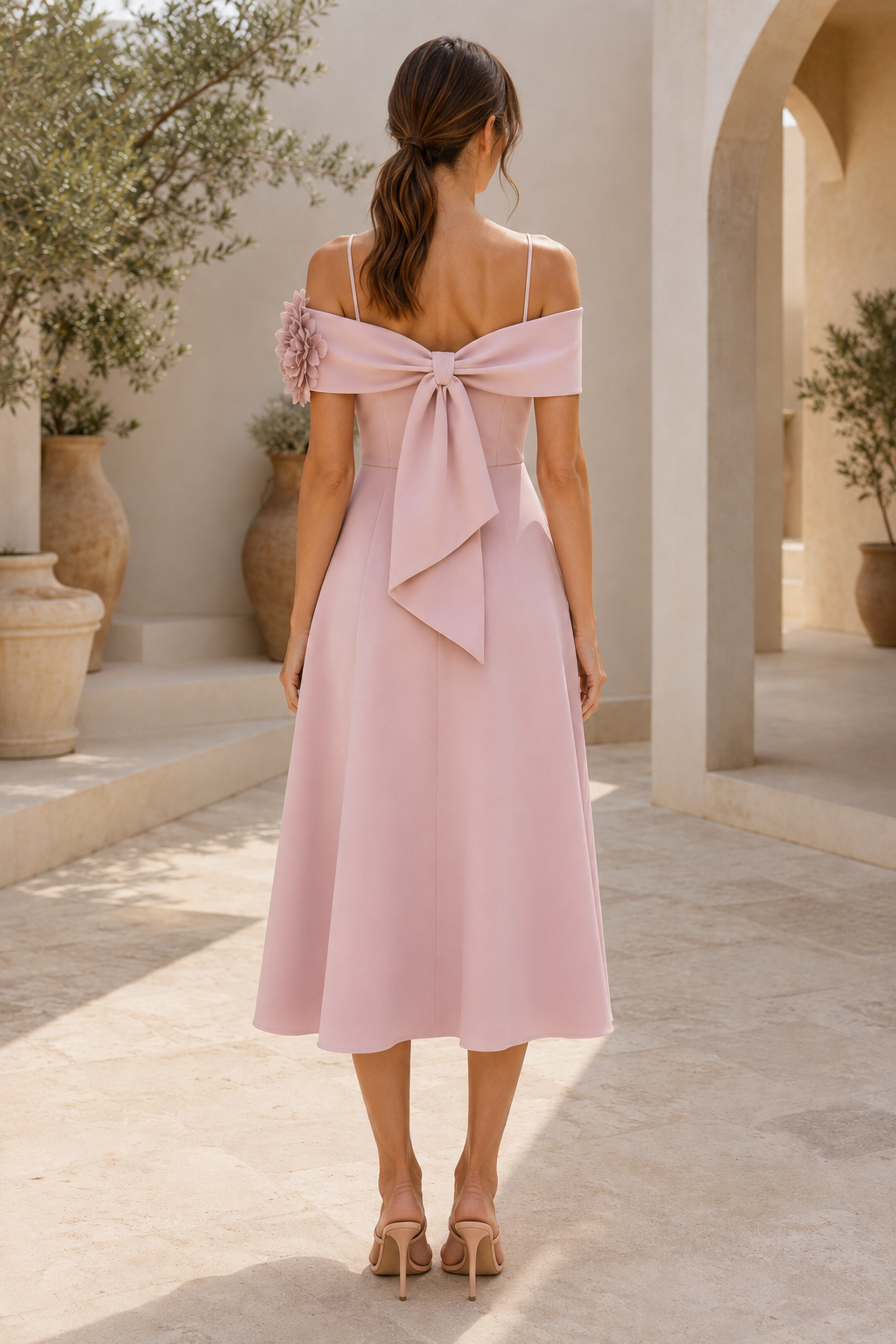 3D-florales, schulterfreies Midikleid mit Rückenschleife