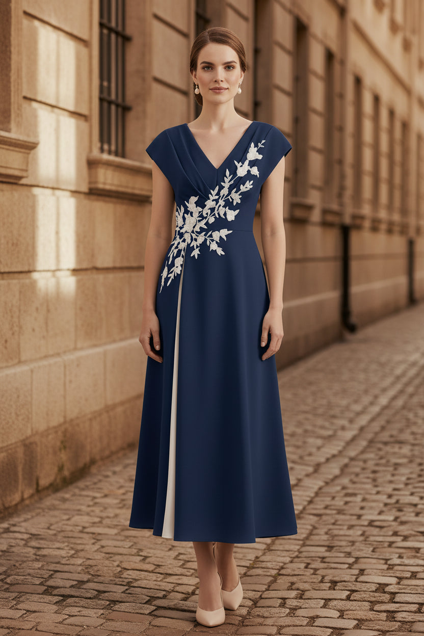 Midi-Kleid mit Flügelärmeln, V-Ausschnitt und Applikationen