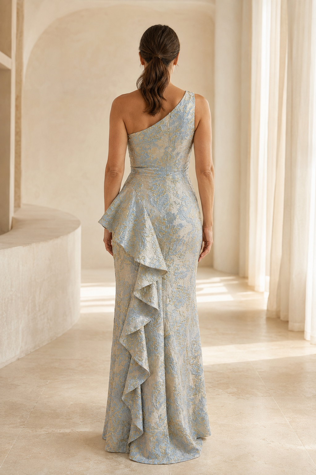 Jacquard-Abendkleid mit One-Shoulder-Träger und Kaskadenrüschen