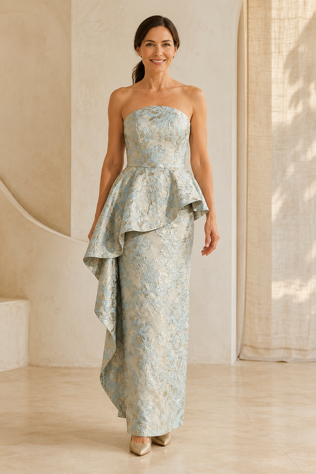 Trägerloses Jacquard-Kleid mit drapiertem Schößchen-Überrock