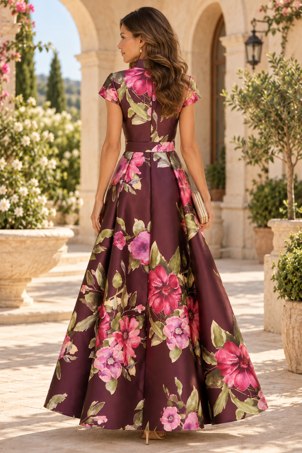Floral Print Belted A-Line Evening Gown