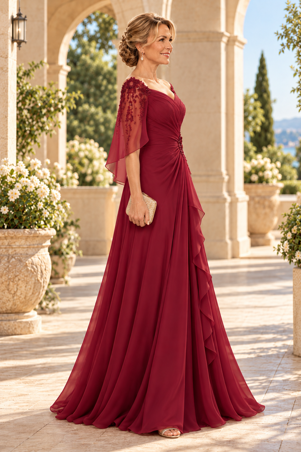 Pleated Chiffon Gown with Flutter Sleeves