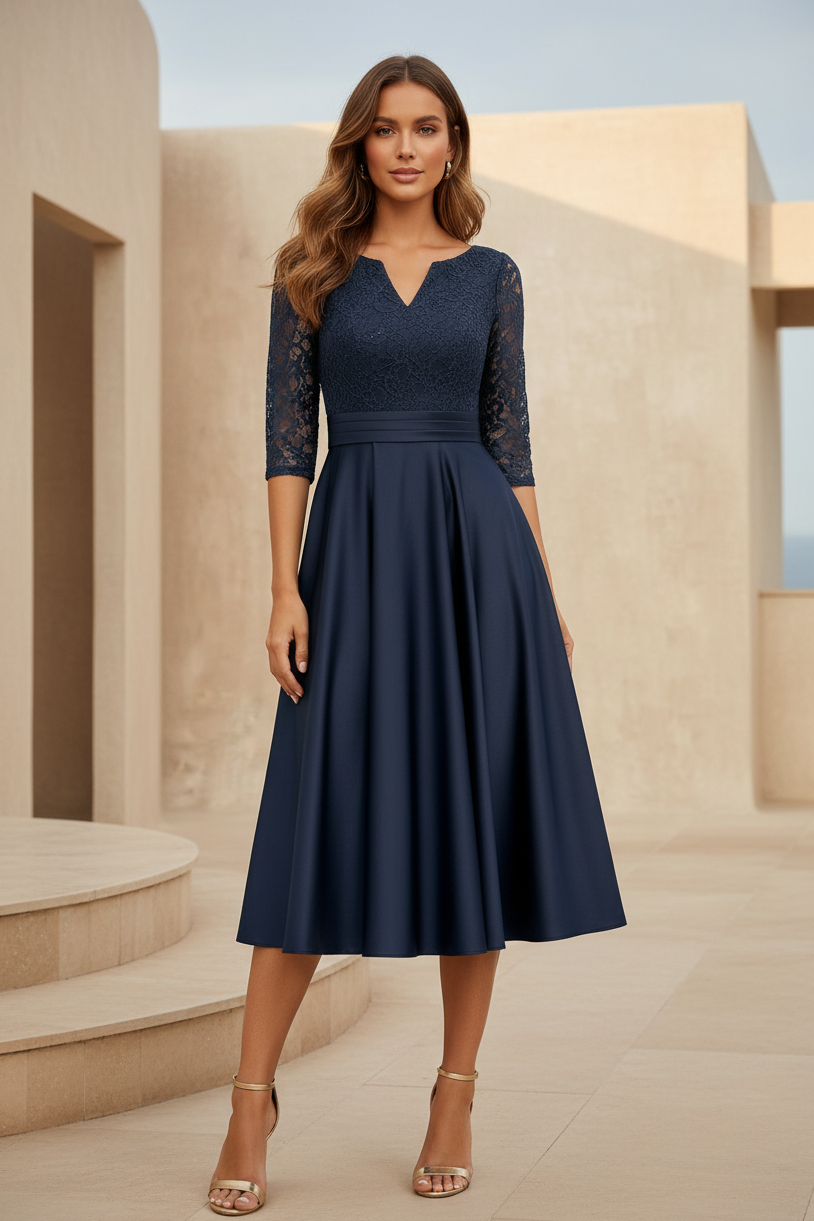 Elegantes Midi-Kleid mit Spitzenoberteil und 3/4-Ärmeln